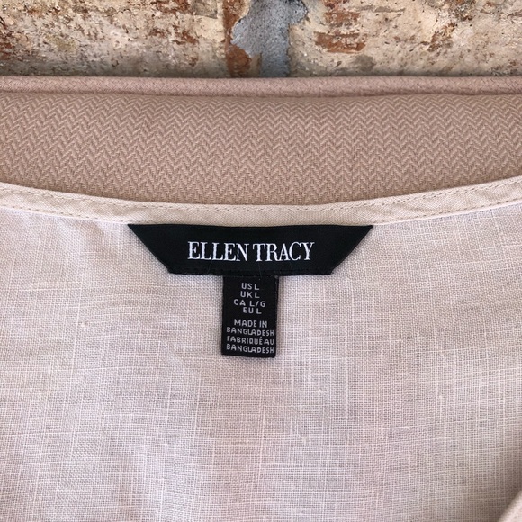 Ellen Tracy 100% Linen 1/4 Zipper Cuffed Short Sleeve Light Tan Tunic Top L - Picture 10 of 15